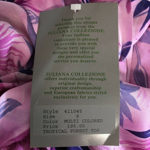 NEW Juliana Collezione 8 Silk Crop Top Pink Purple Tropical Forest Bow Tie Mock - Picture 5 of 7